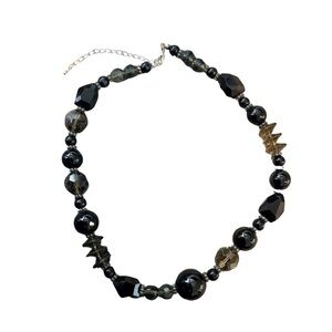 Black Onyx & Smoky Crystal Beaded Necklace | Silver Tone | Boho Statement